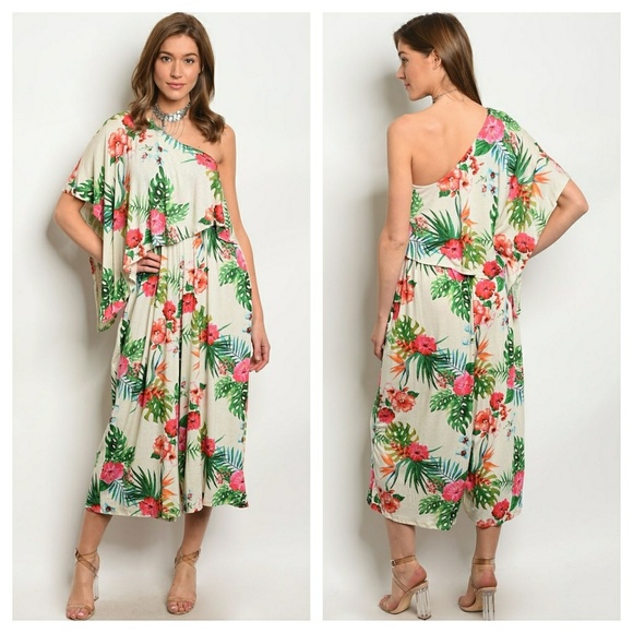 Cream floral tropical one shoulder jumper - Picture 4 of 4